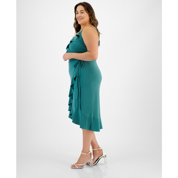 Bar III Women's Plus Size 2X Teal Ruffled Sleeveless Wrap Midi Dress NWT - Picture 3 of 7